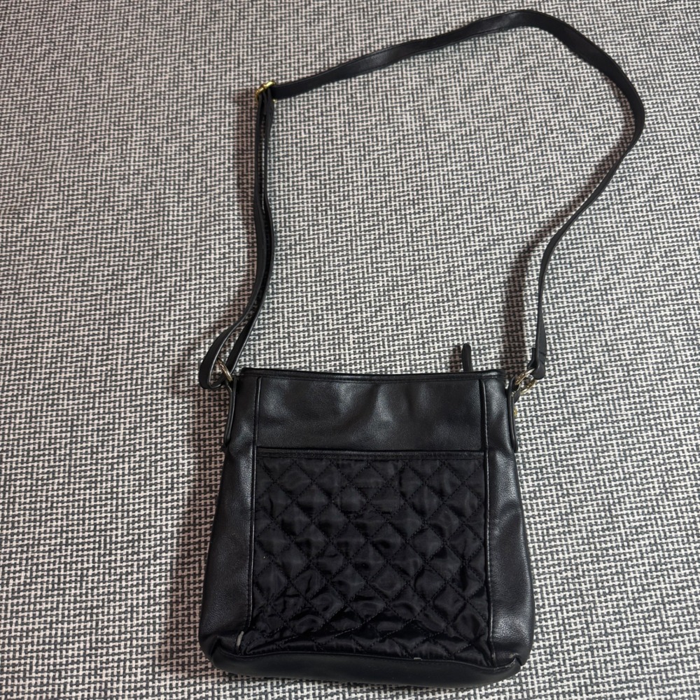 Nicole Miller New York Black Quilted Faux Leather Crossbody Bag Leopard Lining